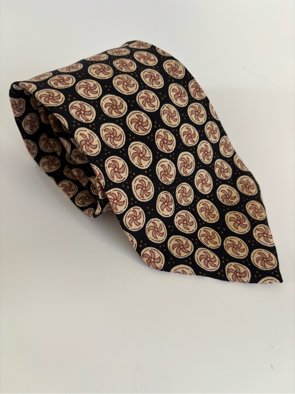 Vintage GAP Silk Black Tie with Beige and Burgundy Medallion Print